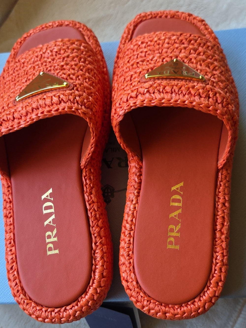 Prada Orange Woven Raffia Slide Mules with Gold Logo - Picture 3 of 7